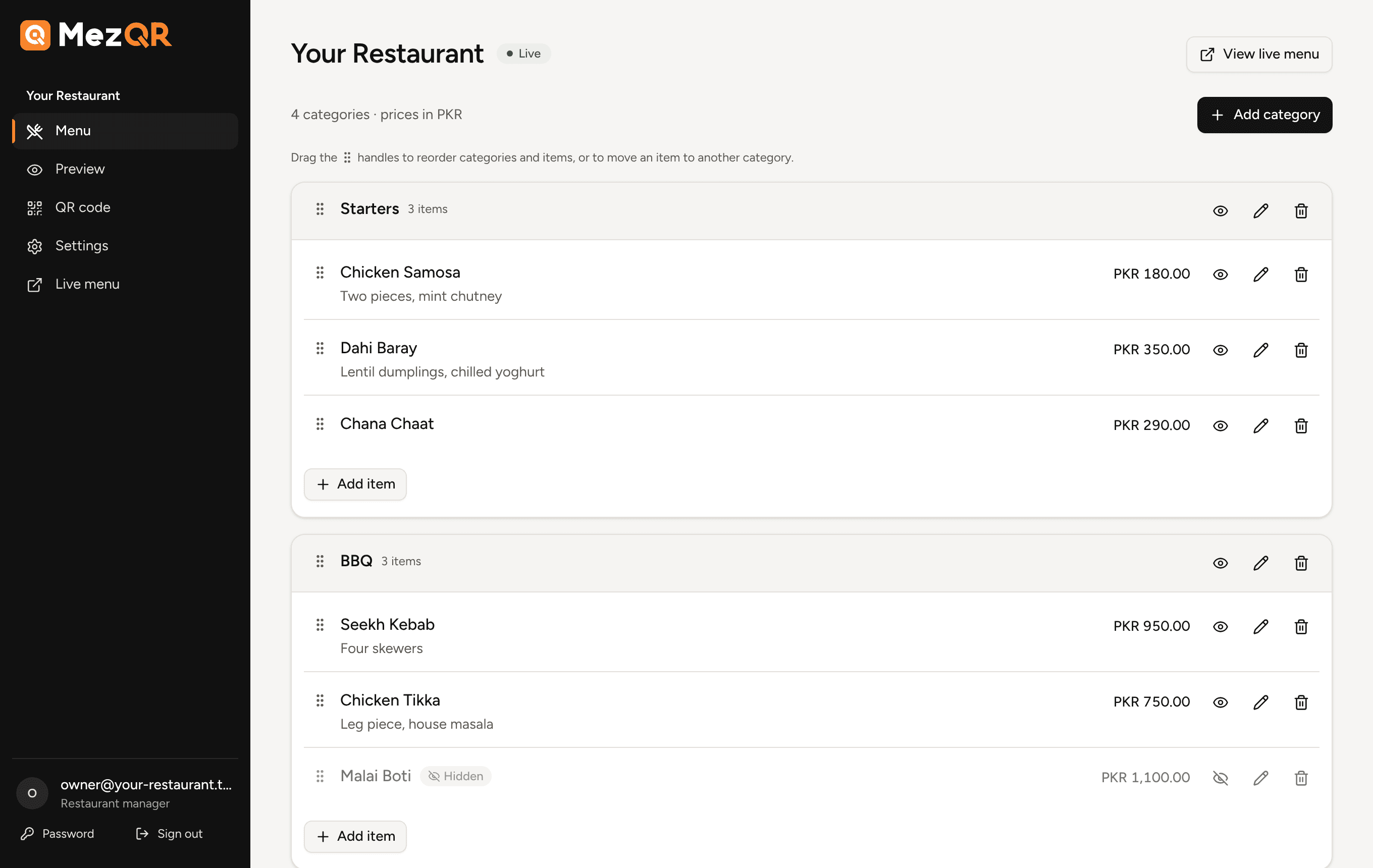 The MezQR menu editor: categories with dishes and prices, drag handles to reorder, and buttons to hide, edit or delete each item